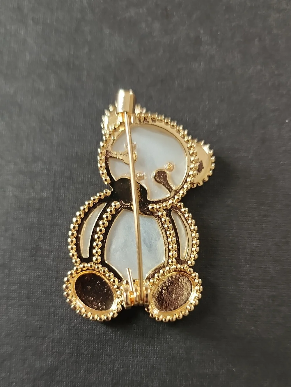 Teddy Bear Brooch Pin Gold Tone Pearlescent White